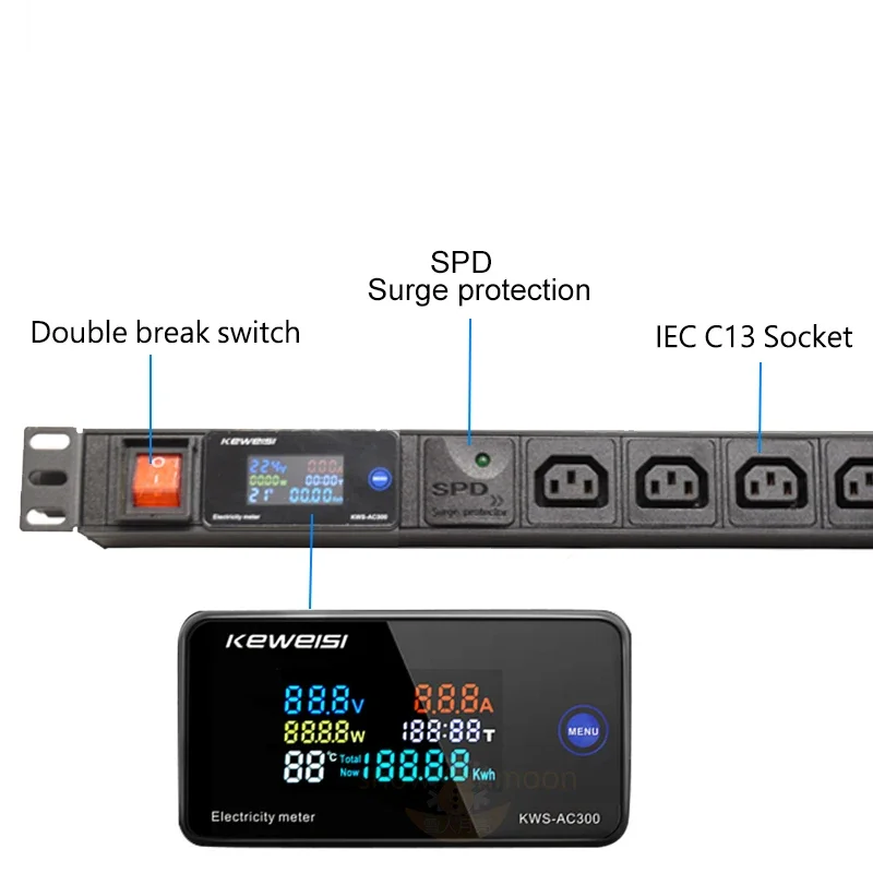 IEC C14 Power Strip with Digital V/A/W/℃ Electricity meter Surge protection PDU Power Distribution Unit 2-7 Ways Socket