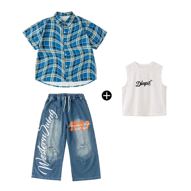 Meninos trajes de dança hip hop azul xadrez camisa calças jeans moderno jazz kpop palco desempenho conjuntos roupas adolescente street wear