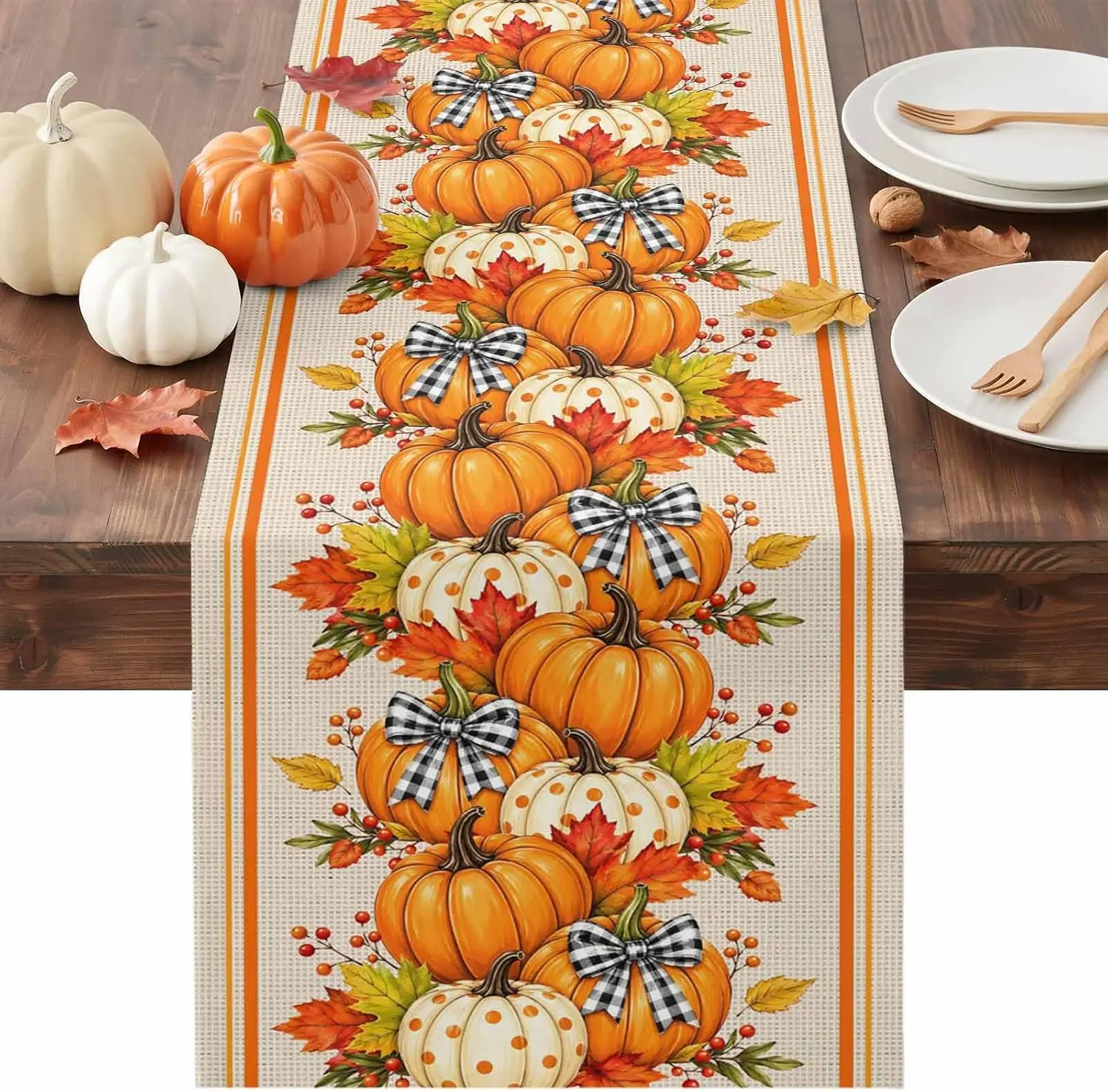 Fall Thanksgiving Pumpkins Linen Table Runner Home Decor Autumn Maple Leaf Berry Kitchen Dining Table Runners Autumn Decorations