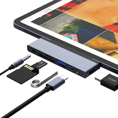 Imagen 1 del producto Hub USB C a HDMI 4K con USB-C PD TF SD USB 3,0 3,5mm puerto Jack Hub tipo C acoplamiento para iPad Pro 11 2020 Pro 12,9 2018 3.o 4to