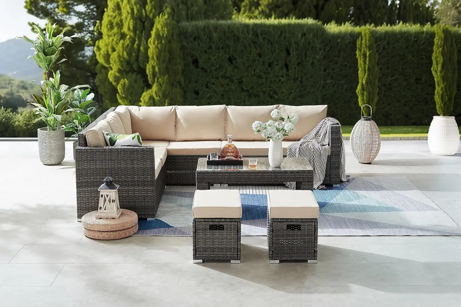 All Weather Wicker Rattan Outdoor Sectional Sofa Set With Ottoman & Coffee Table, Customized