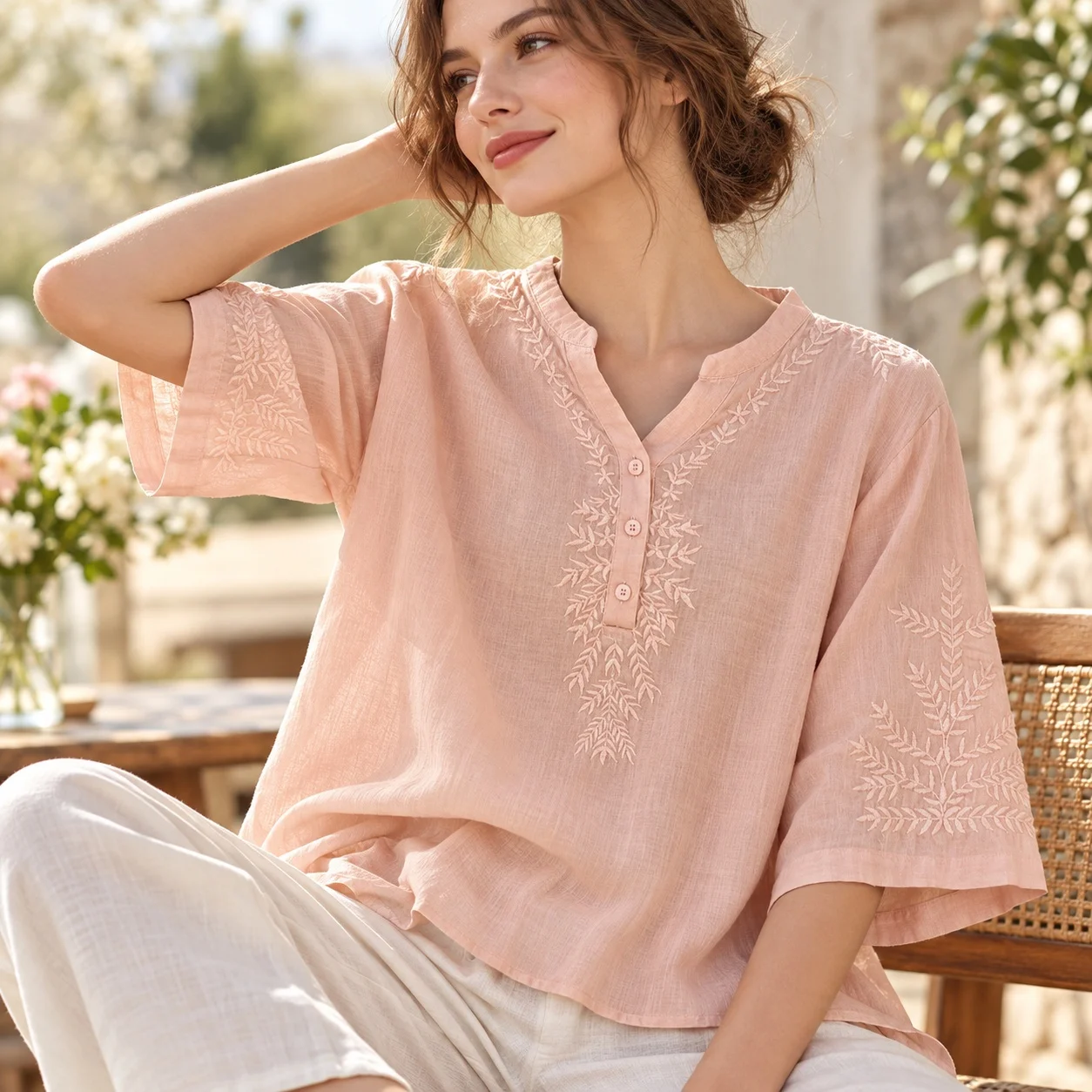 Short Sleeve Pullover Shirt with Embroidery Regular Length Casual Literary Retro V Neck Floral Pattern Summer Women Blouse