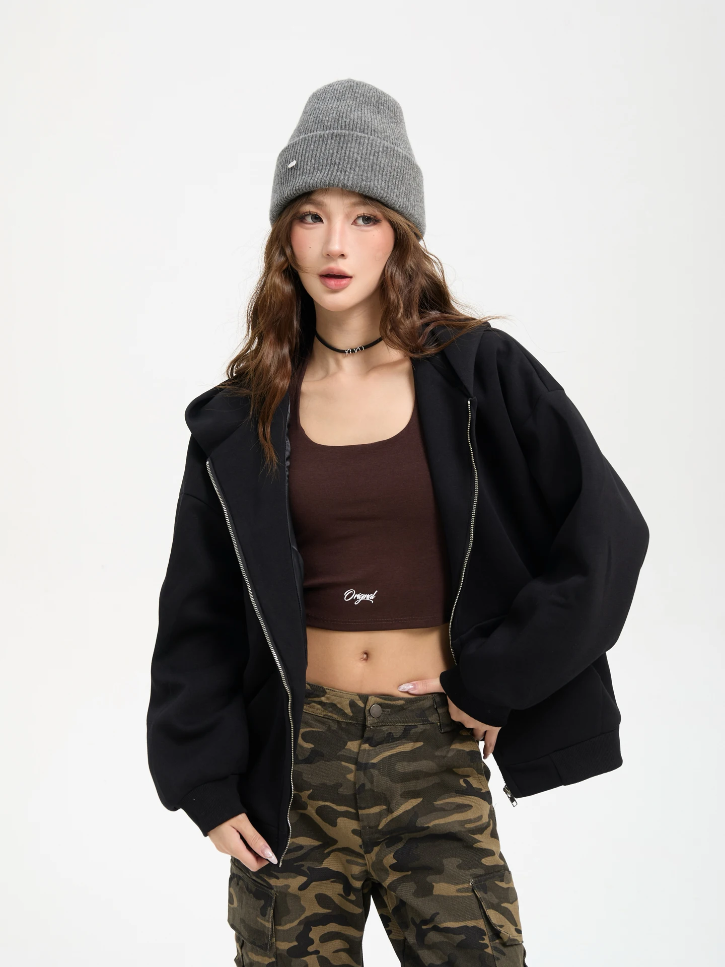 

7KEEWEN Autumn American Retro Loose Casual Hooded Open Cardigan Zipper Sweatirt Jaet Street Sle Versatile Loose Fit