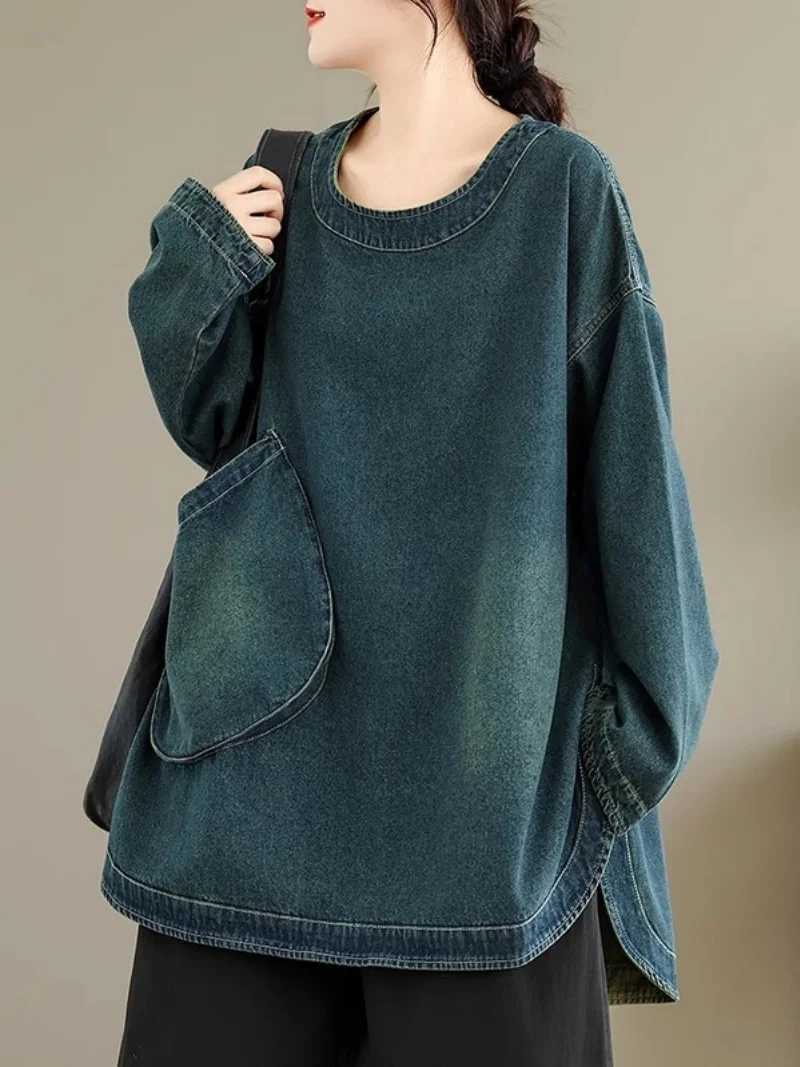 Korean Mid Length Large Size Denim Shirt And Top Fashionable Three-Dimensional Big Pockets Split Autumn Retro Versatile Top w866
