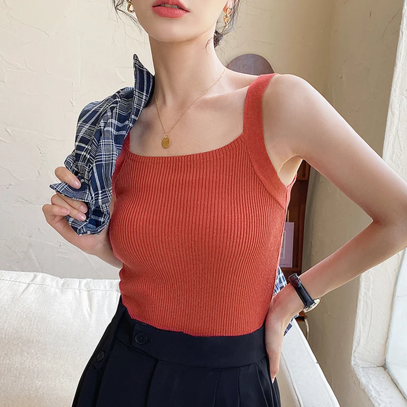 Camisola de primavera y verano para mujer, camisetas tejidas sin mangas, Tops cortos, chalecos informales ajustados elásticos para mujer, Jersey, camisola y camisetas sin mangas