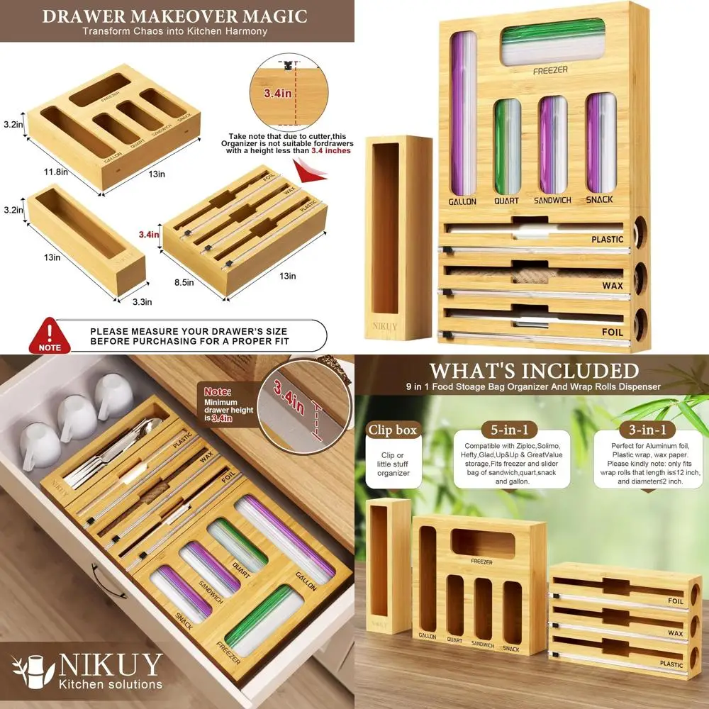 

Органайзер для кухонных ящиков: Диспенсер для бамбуковой фольги и пищевой пленки, контейнер для пакетов для закусок и сэндвичей с этикетками