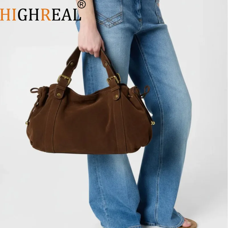 Fashion Large Capacity Ruched Tote Bag Designer Drawsting Women Handbags Luxury Faux Suede  Shoulder Crossbody Bag