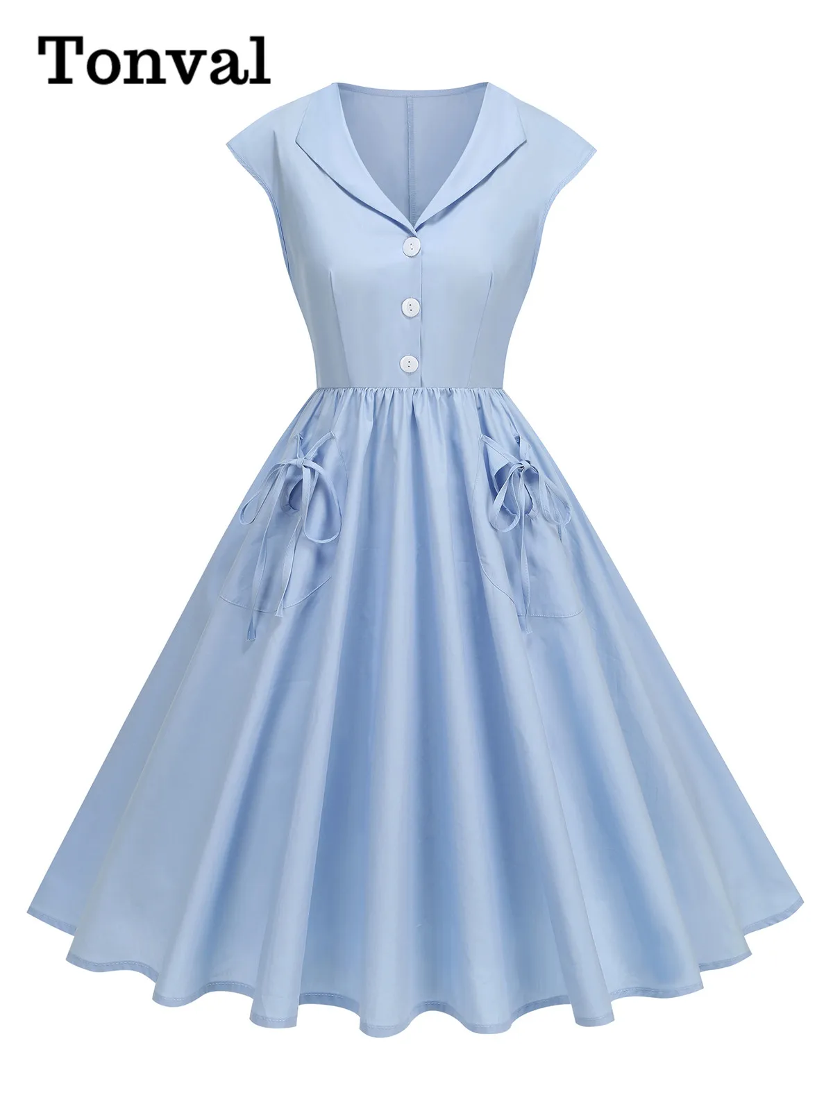 

Tonval однотонные платья без рукавов с отложным воротником и пуговицами для винтажных вечеринок, лето 2026, женское плиссированное платье с карманами