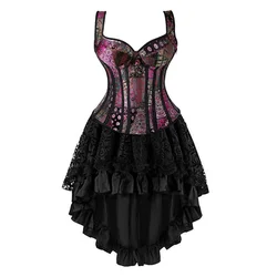 Gothic Corset Dress Women Straps Overbust Bustier Vest with Lace Skirt Set Burlesque Vintage Corselet Plus Size Party Clubwear