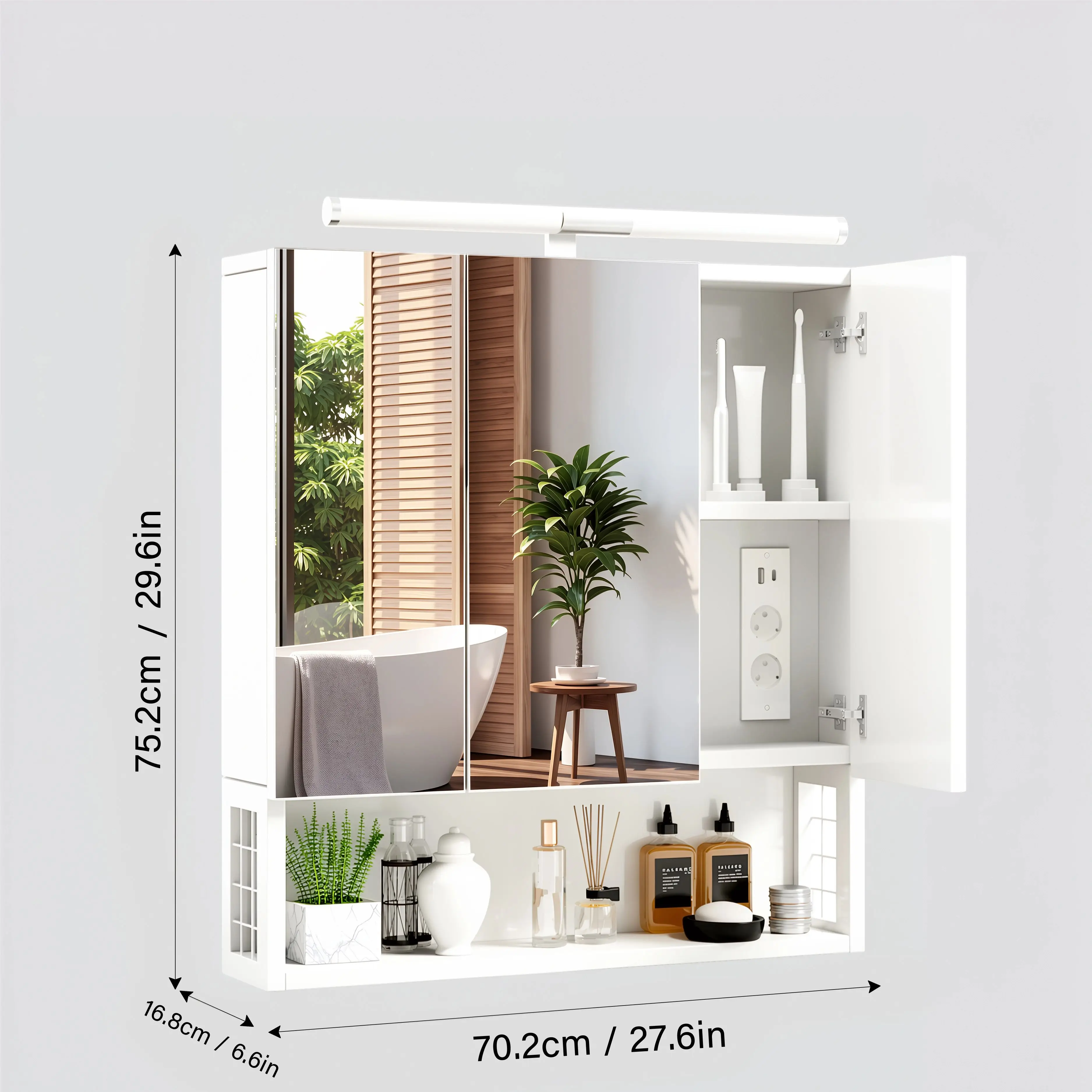 Badezimmer-Spiegelschrank, Wandmontiert, Mit Zwei Spiegeltüren und Einem Offenen Regal, Verstellbare Regale, 70 * 16,8 * 75,2 cm, Weiß