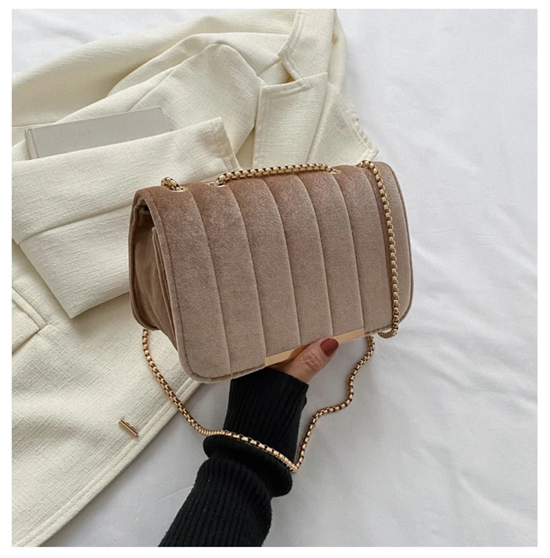 2024 Spring New Fashion Chain Shoulder Bag Trend Velvet Small Square Crossbody Bags for Women Casual Simple Messenger Handbags