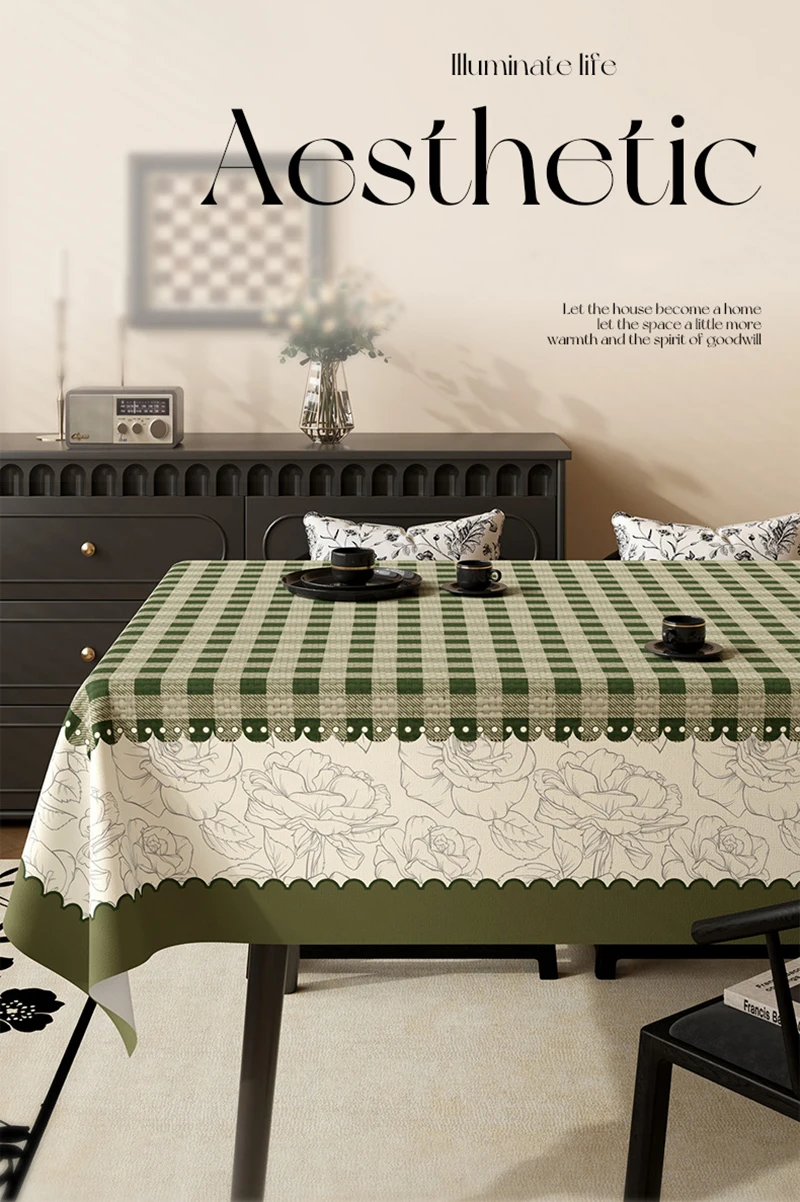 Green Retro Plaid Waterproof Tablecloth High-Quality Pvc Oil-Proof Table Mat for Living Room No-Wash Dining Aesthetic Room Decor