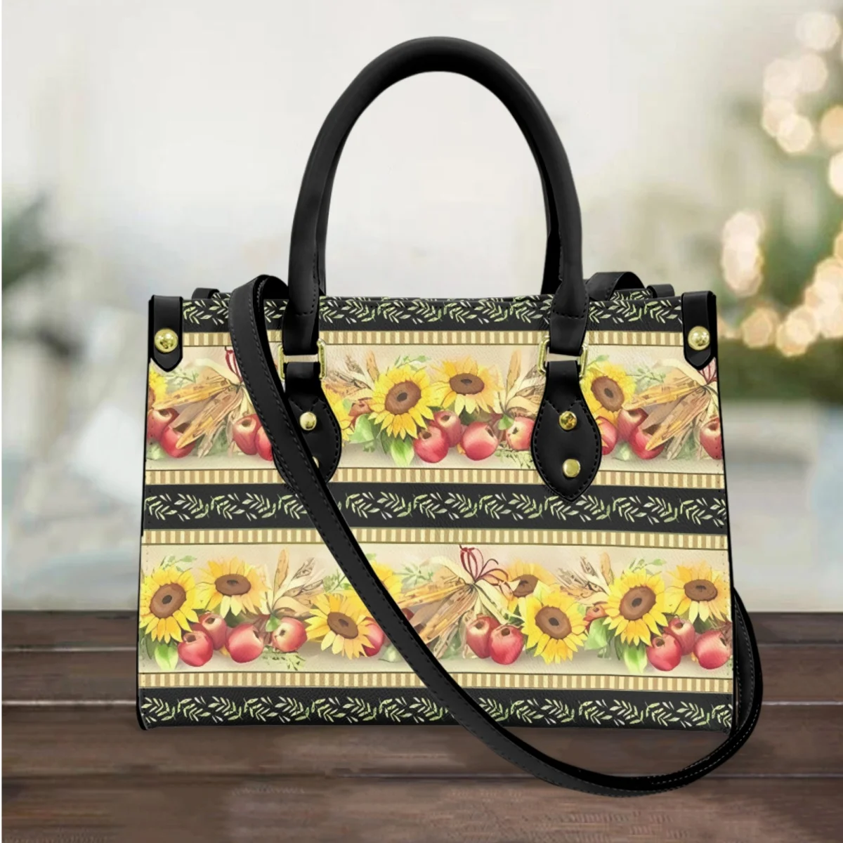 FORUDESIGNS Sunflower Apple Design Leather Handbag Women's Fashion Long Shoulder Strap Utility Messenger Bag Outdoor Street