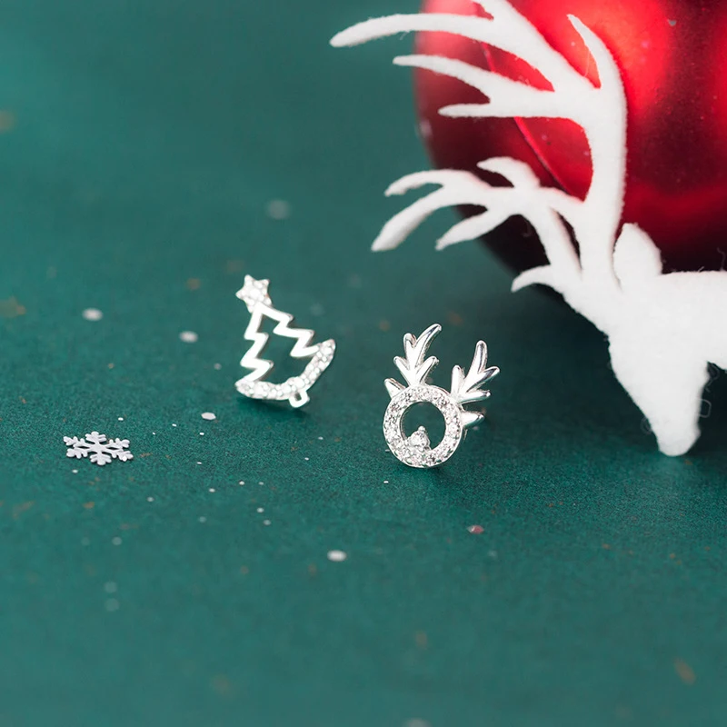 MODIAN New Animal Plant Asymmetry Stud Earring dla kobiet 925 Sterling Silver Christmas Tree Elk Pattern Ear Pin Fine Jewelry — zdjęcie 3