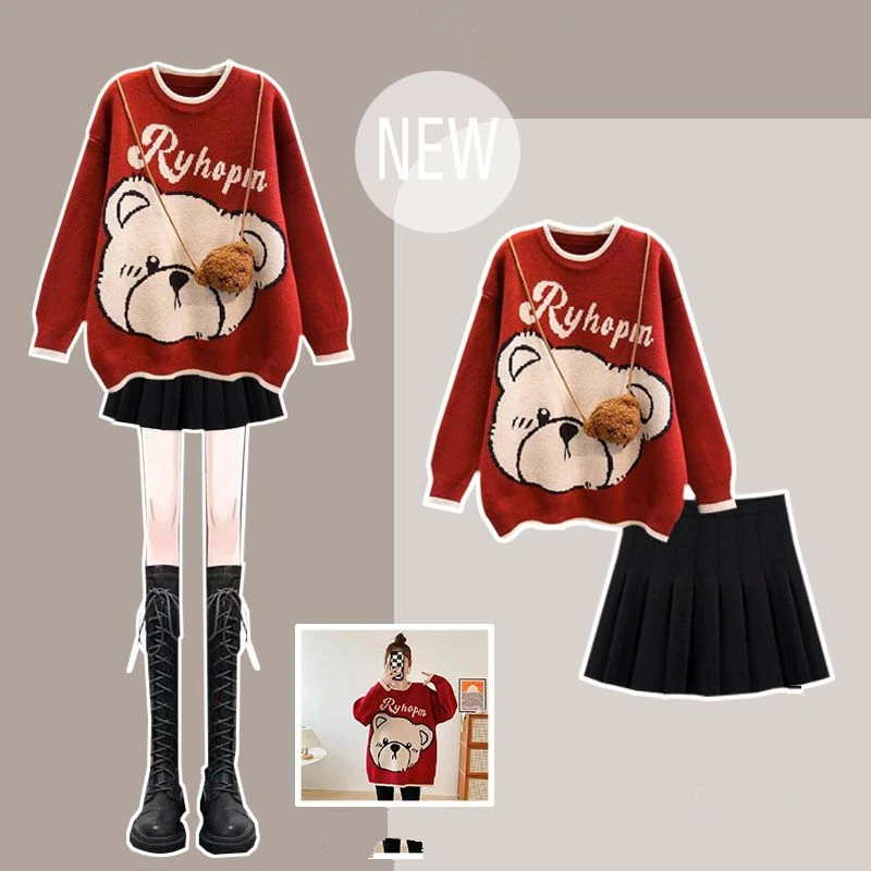 Sping Autumn New Lucky Red Sweater Pleated Mini Skirts 1 or 2 Piece Set Women Cute Bear Knit Pullover Skirt Outfits Top with Bag