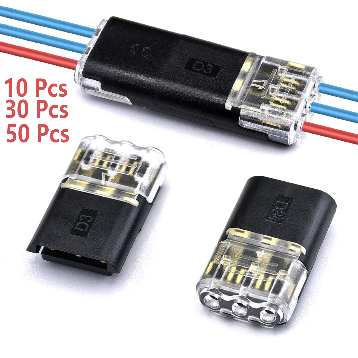10/30/50Pcs Wire Connect Terminal Connector, 3-Pin Bidirectional Plug-in Cable Buckle Connector DC Lock Cover Suitable LED