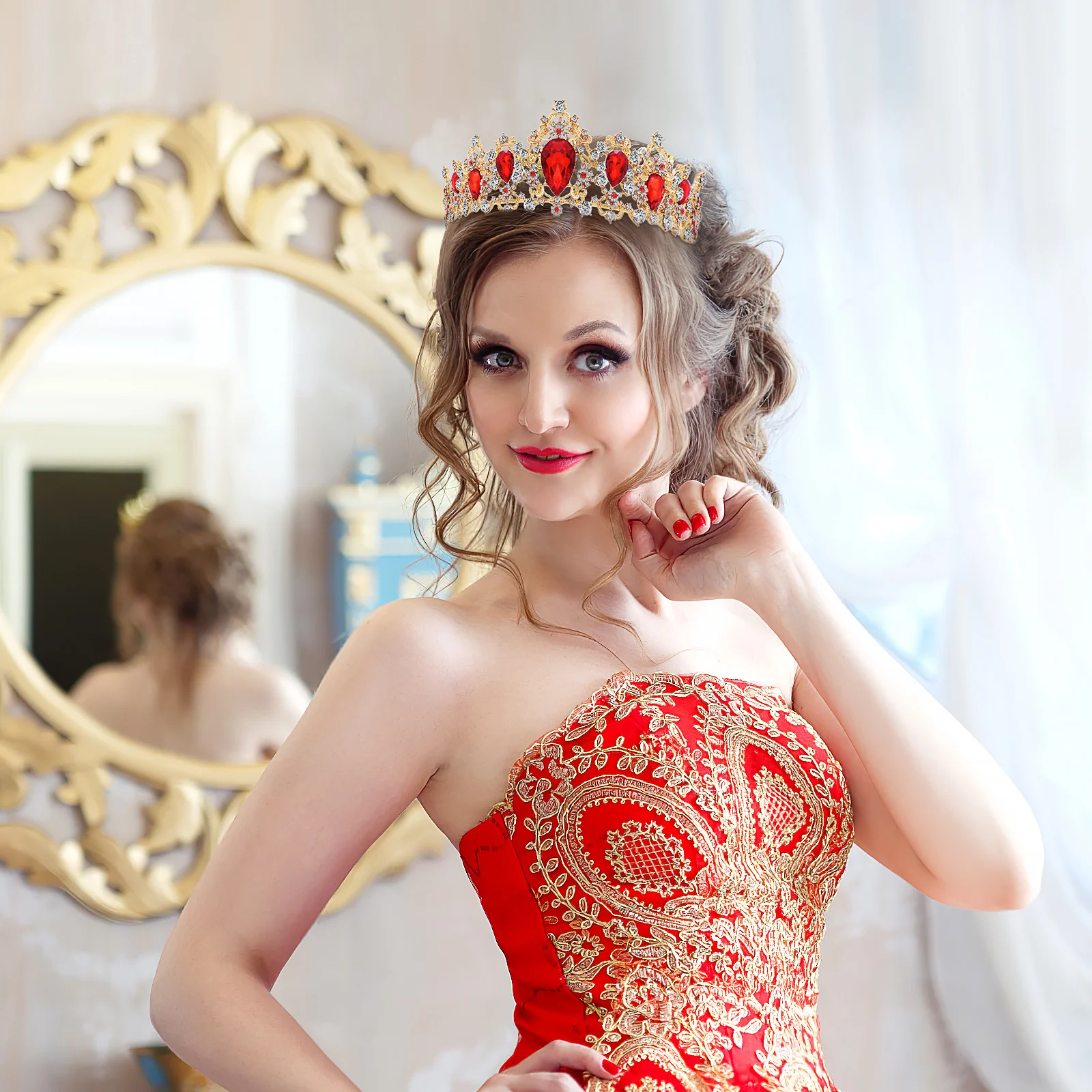 

Luxshiny for Women Rhinestone Quinceanera Bride Vintage Crystal Headband Red Mitzvah Round