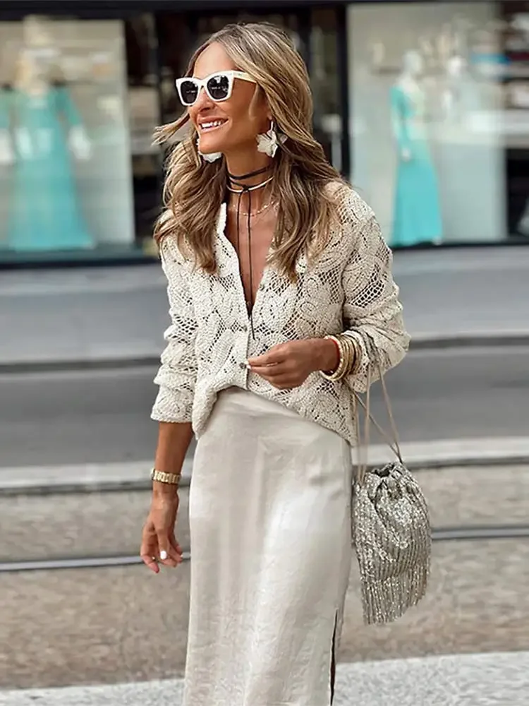 Women Crochet Hollow Out Shirt Pants Suits Casual Fashion Single Breasted Lapel Top Wide Leg Pants Sets Spring New Lady Outfits