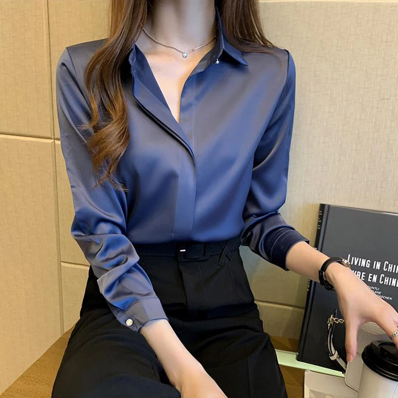 Satin Women Shirt Long Sleeve Fashion Woman Blouse Solid Top Female Shirts and Blouse Basic Button Blue Ladies Tops New