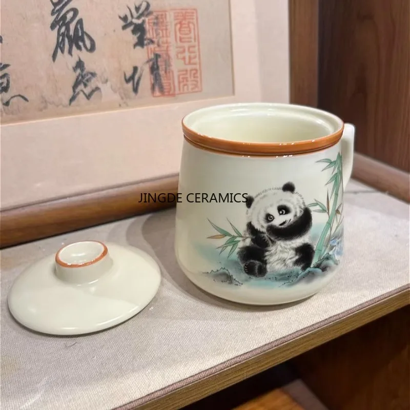 1pc Ru Kiln Portable Tea Cup, Household Separated Tea Cup, Ceramic Covered Office Cup, Tea Ceremony Accessories, with Handle