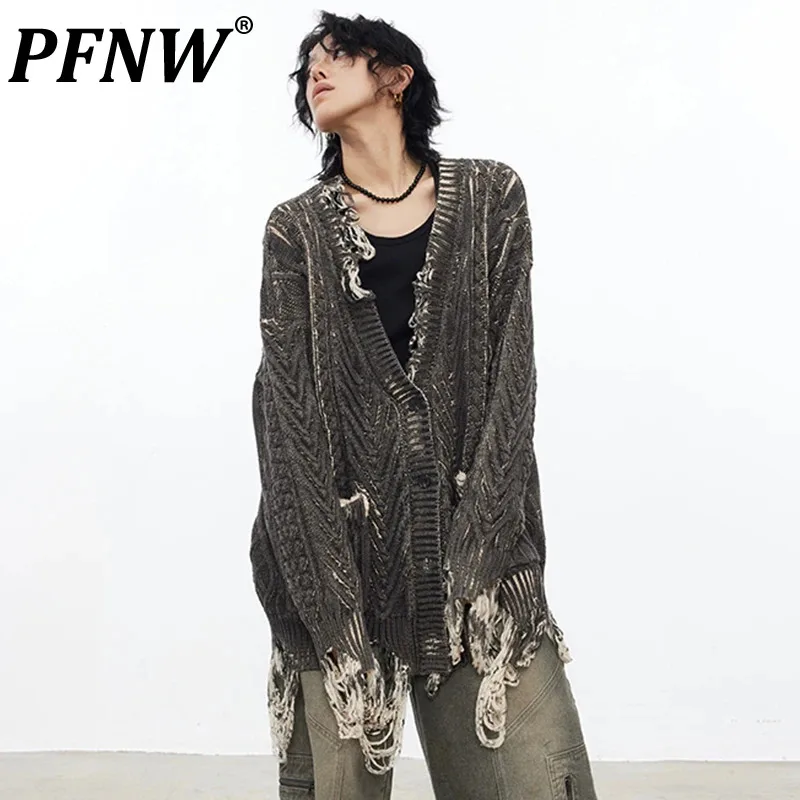 

PFNW Tie Dyed Tweed Ripped Men's Knitted Cardigan Raw Edge Niche Deisgn Male Sweaters New Loose Stylish Tops 2024 Autumn 28W2403