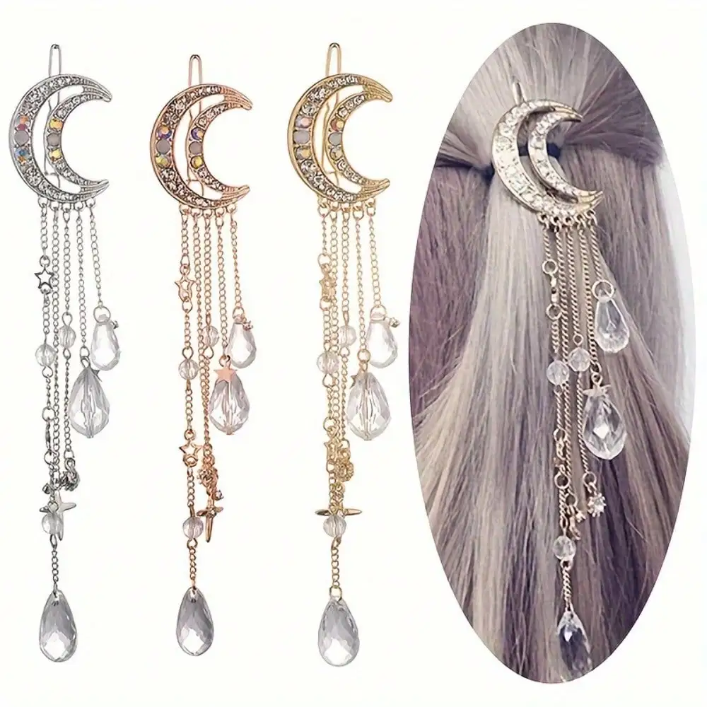 

Vintage Women's Crescent Star Tassel Hairpin Inlaid With Diamond Crystal Moon Star Girl Side Clip Hairpin Female