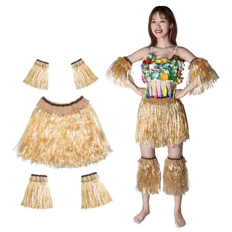 5Pcs/lot Hawaiian Grass Skirt Suit Elastic Arm Sleeve Feet Cover Dance Costume Beach Summer Holiday Wedding Party Grass Skirt