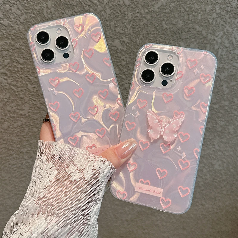 INS Cute 3D Polka Dot Butterfly Water Ripple Love Heart Phone Case For iPhone 16 15 14 13 12 11 Pro Max Plus Back Covers Girls