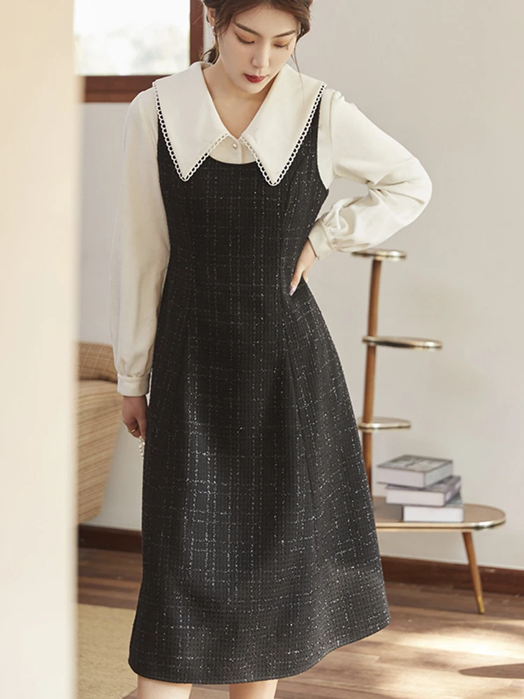 DUSHU Tweed Sleeveless Plaid Long Black Dress Women Slim Vitnage Dress Sexy Hollow Out Autumn Winter Dresses Female