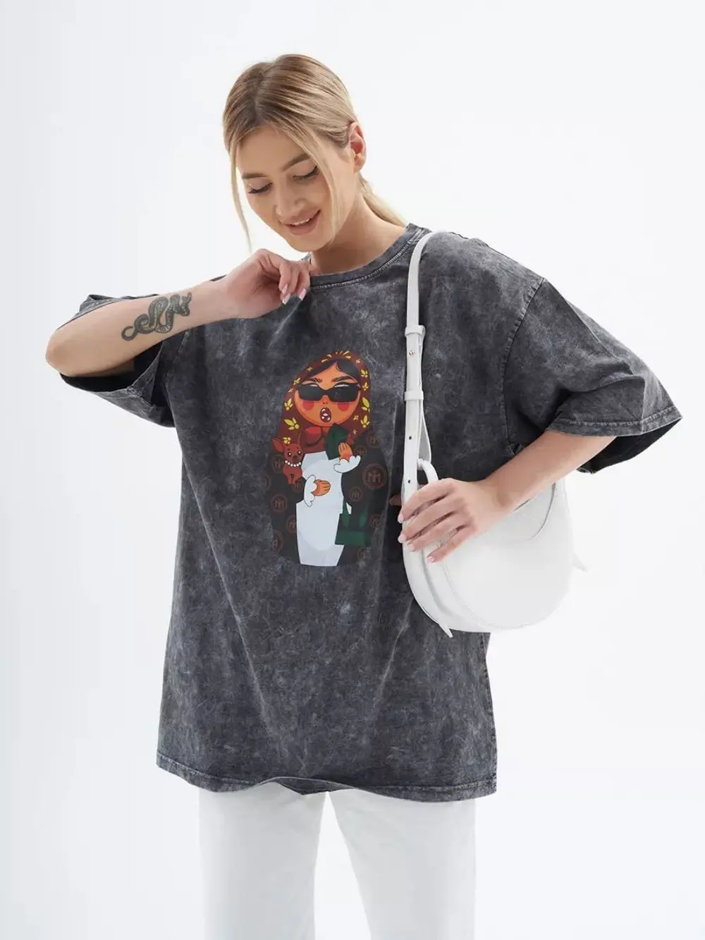 Women\'s Washed T-shirts O-Neck Oversized Soft Cotton Short Sleeve Tee Russian Nesting Doll Prints Tops Vintage Female Clothes