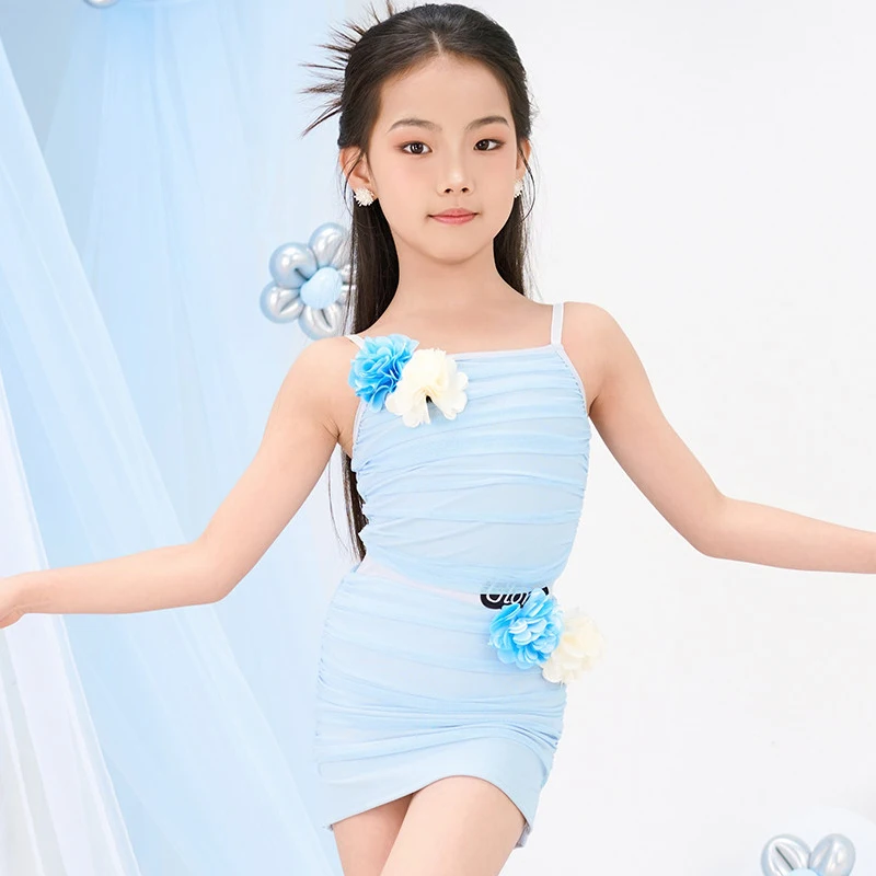 

Одежда для соревнований по латинским танцам в 2 цветах для девочек, топы на бретельках, юбки с разрезами, костюм для ча-ча-ча, румбы, танго, детская одежда для латинских танцев XH4573