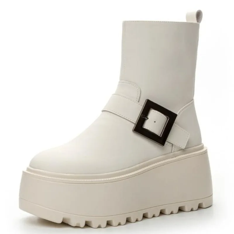 

High quality 8CM New Cow Genuine Leather Winter Plush Spring Knee High Ankle Boots Woman ZIP Motorcycle Autumn Fashion Shoes
