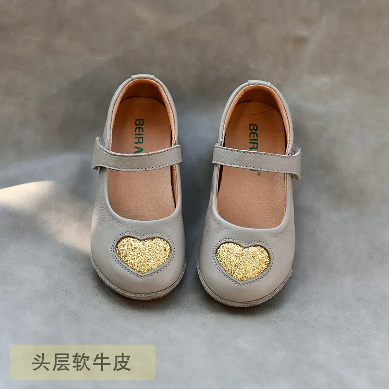 Girls' Korean style genuine leather princess shoes, heart sequin baby soft leather soft sole black spring/autumn single shoes