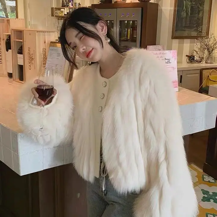 Schicker Damen-Bomberjacke aus Kunstfuchsfell, Herbst/Winter, Nachahmung von Nerzfell, Button-Up, dicke Beflockung, Parka, Strickjacke, pelzige Oberteile