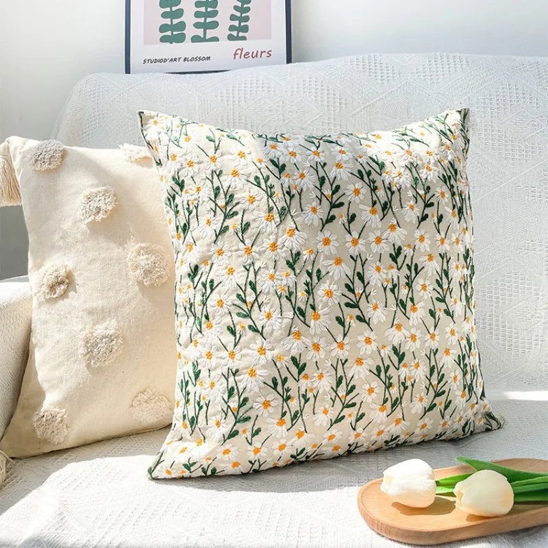 Embroidery Daisy Floral Pillow Case Light Luxury Rustic Style B&B Installed Window Cushions Cover Removable Square Pillow Cover