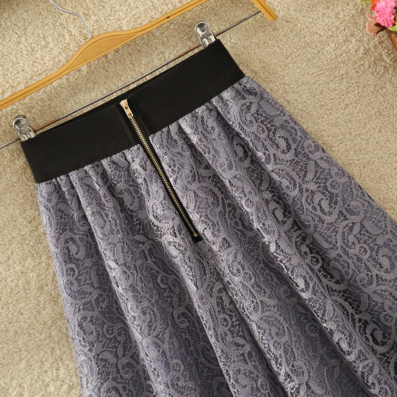 Letnia Nowa Sukienka Koronkowa z Haftem, Spódnica Midi w Kształcie Litery A z Wysokim Stanem, Zapinana na Zamek, z Wycięciami, Koreańska Sukienka do Pracy