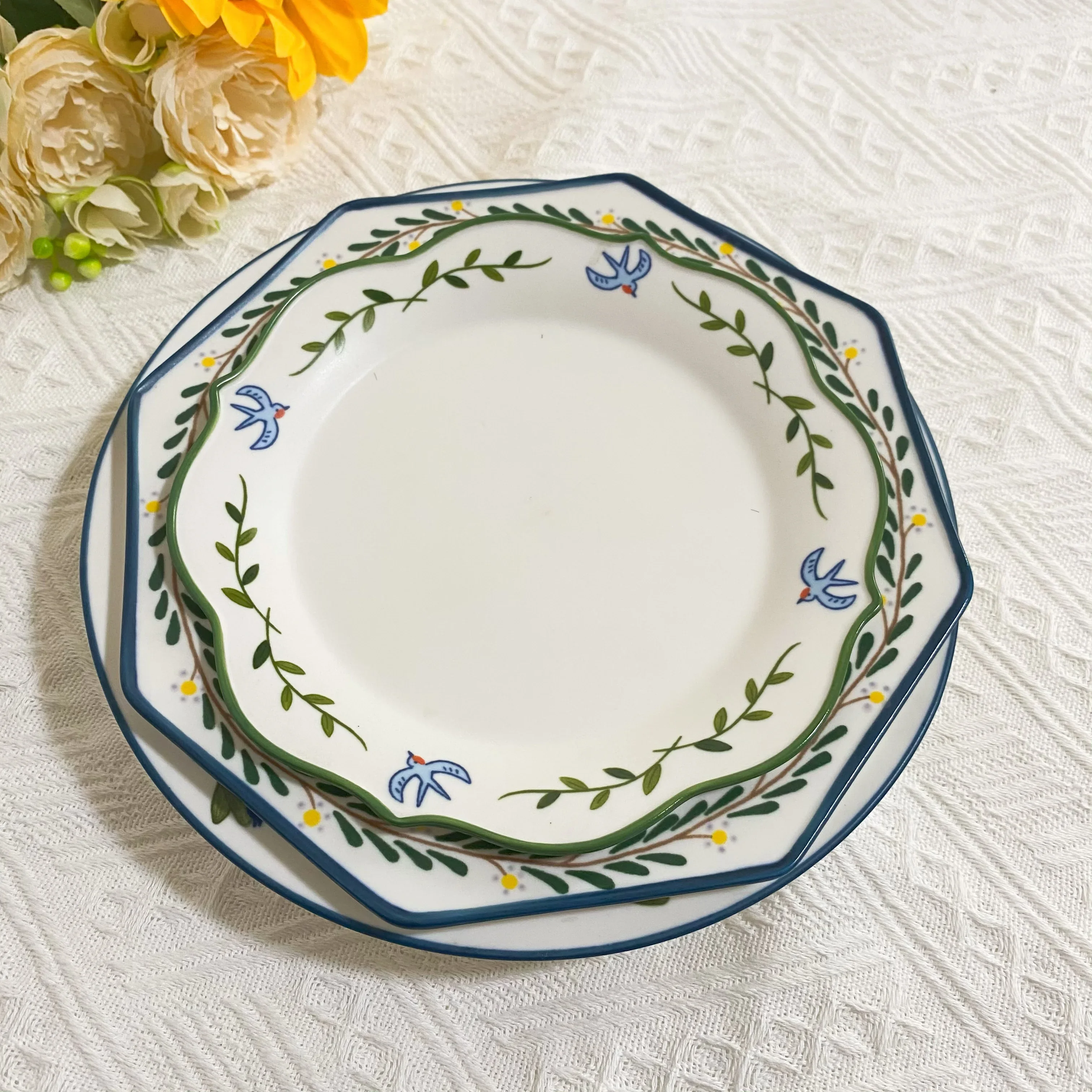 

Spring warmth, blooming flowers, ceramic dining, tableware, large , vegetable , household oval flat , small deep plates