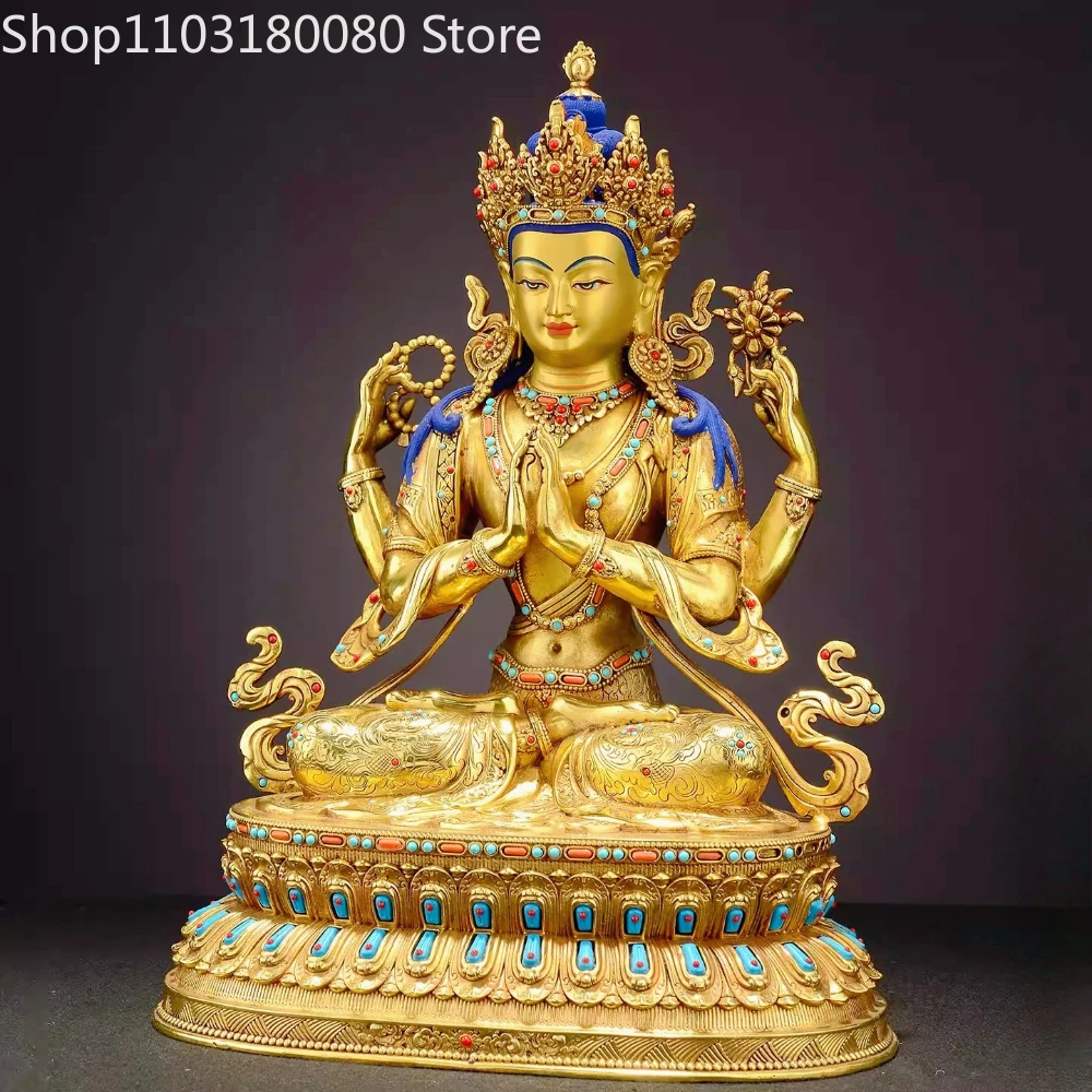 Copper gilding Four-Armed Guanyin inlay KWAN-YIN Buddha Statue sculpture,47cm,31cm