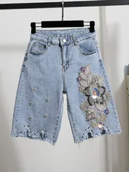 2024 Summer New Light Color Fashion Heavy Embroidery Worn High Waist Shorts Slim-fit Temperament Hot Girl Wide Leg Denim Shorts