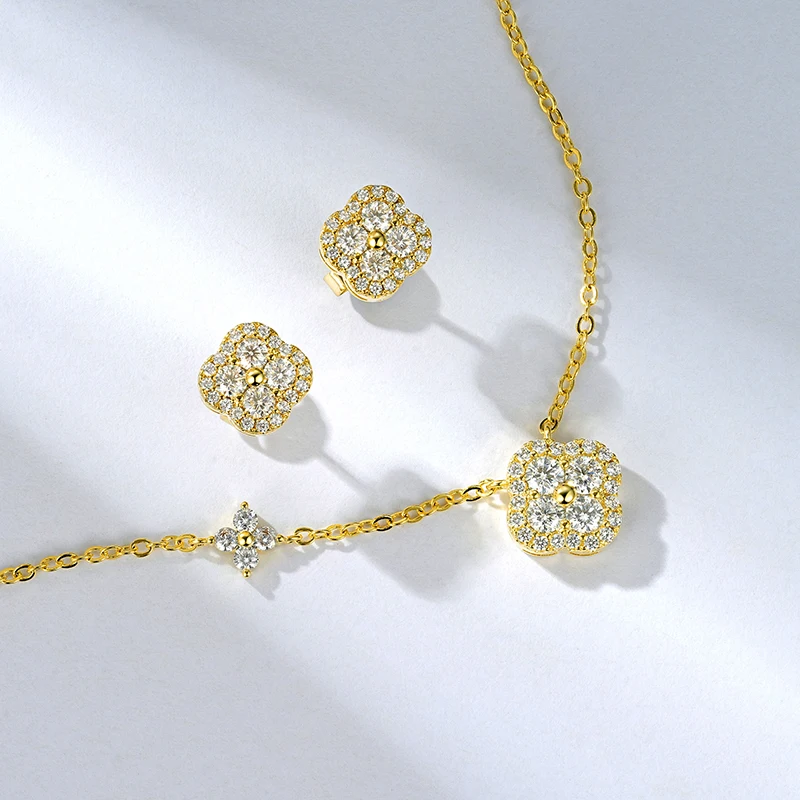 Moissanite Clover Stud Earrings and Pendant Necklace Set