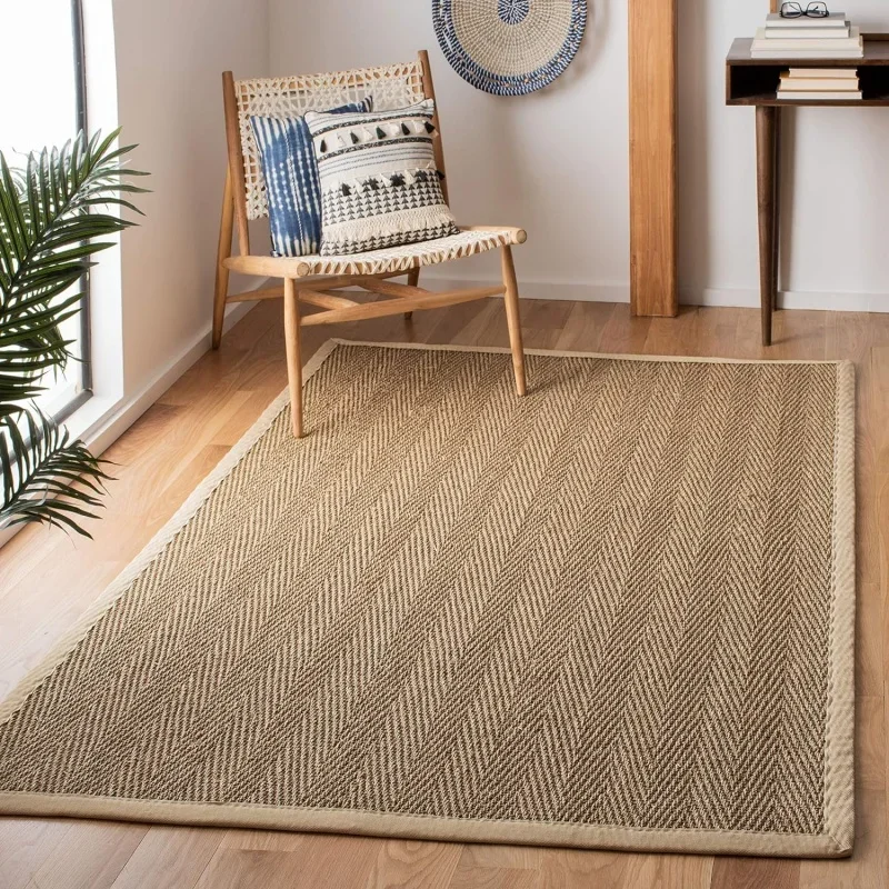 Natural Fiber Collection Area Rug - 10' x 14', Natural & Ivory, Border Herringbone Seagrass Design, Easy Care, Ideal for High T