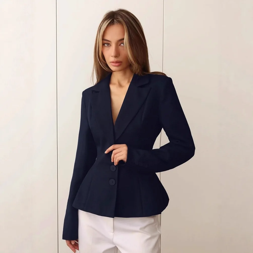 

2025 Autumn/Winter New Arrival Fashionable Elegant Casual Solid Women's Long Sleeve Waist-Cinching V-Neck Office Blazer