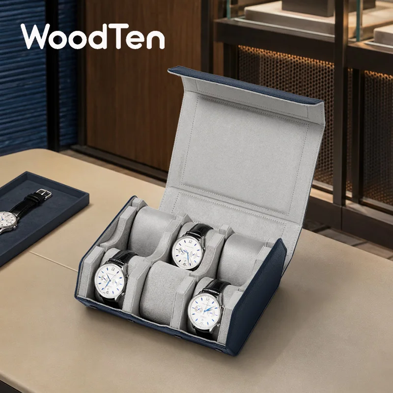 WoodTen 6‑Slot Leather Watch Box Portable Watch Display Storage Case Watch Organizer Gift for Men Women Travel Home Watch Holder