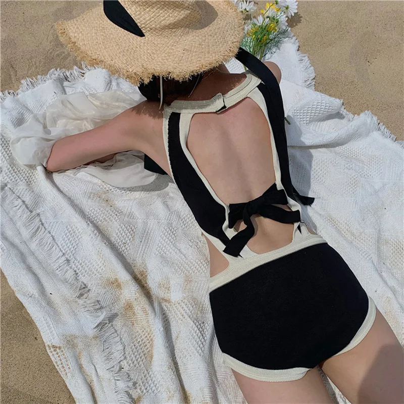 

Women's Swimwear 2024 Women Bikini Solid Color Swimsuit Backless Sexy One-Piece Hot Spring Swimwear M-XL