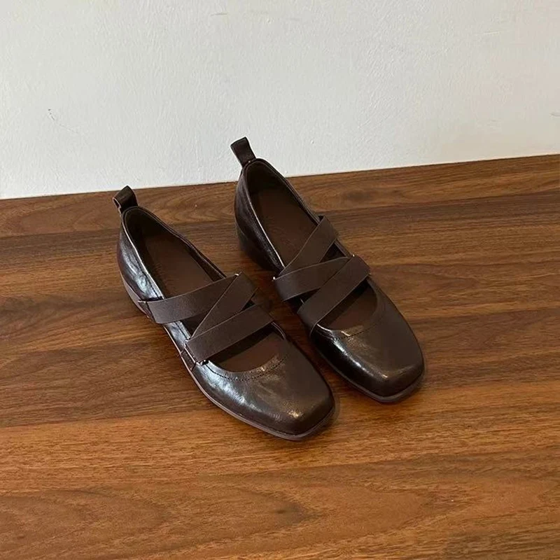 Ballet Style Flat Mary Jane Shoes Women's Summer New Soft Bottom Square Head Low Heel Fashion Single Shoes Cross Buckle Closure