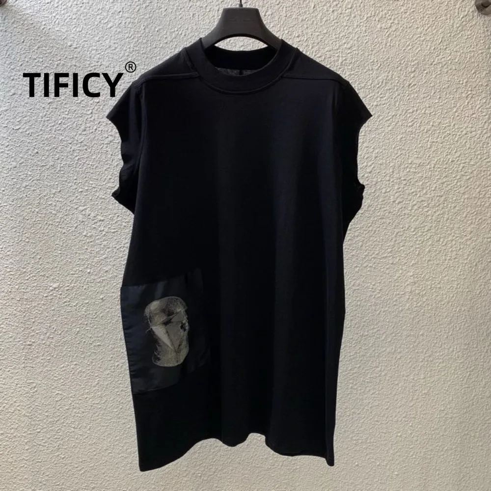 

High Street Tees Cotton RO Dark Loose Medium Length Black Tshirt Top Men's High End Thin Sleeveless Casual Loose T-shirt