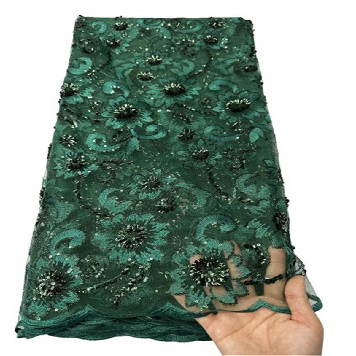 Latest African Mesh Lace Fabric 2024 Green French Net Sequins Fabric Sewing Embroidery Lace Tulle Nigeria Dress Wedding 2.5Yards