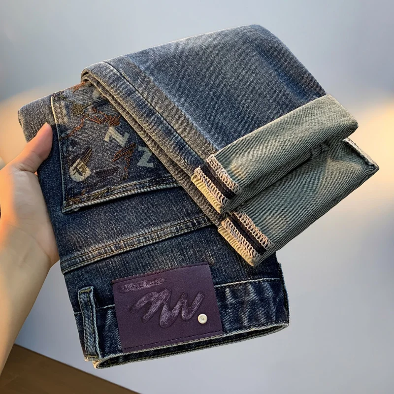 

2026 Men's Autumn Jeans Trendy Versatile Slim Fit Skinny Fashion Brand Embroidery Print Casual High-End Men's Pants