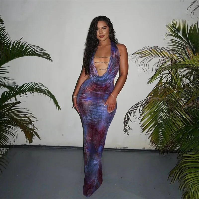 

Latest European style Summer Trendy Creative Street Style Digital Print Sexy Low Cut Halter Neck Dress For Women Fashion