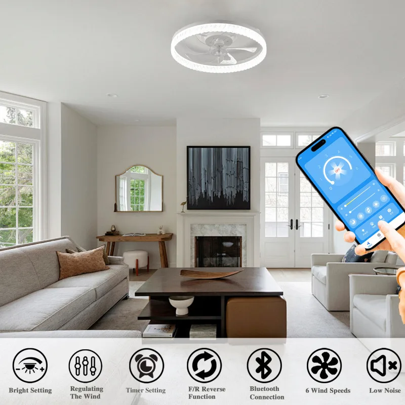 Crystal - Decorated Ceiling Fan with White  Light Modern Retractable Blade Chandelier Fan for Living Room and Bedroom